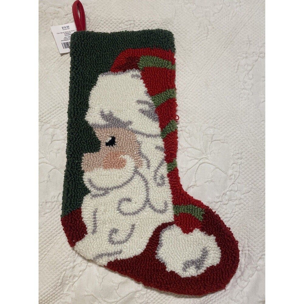 Santa Claus Christmas Stocking Hooked Rug  & Velvety Back 11 X 18” Holiday Decor